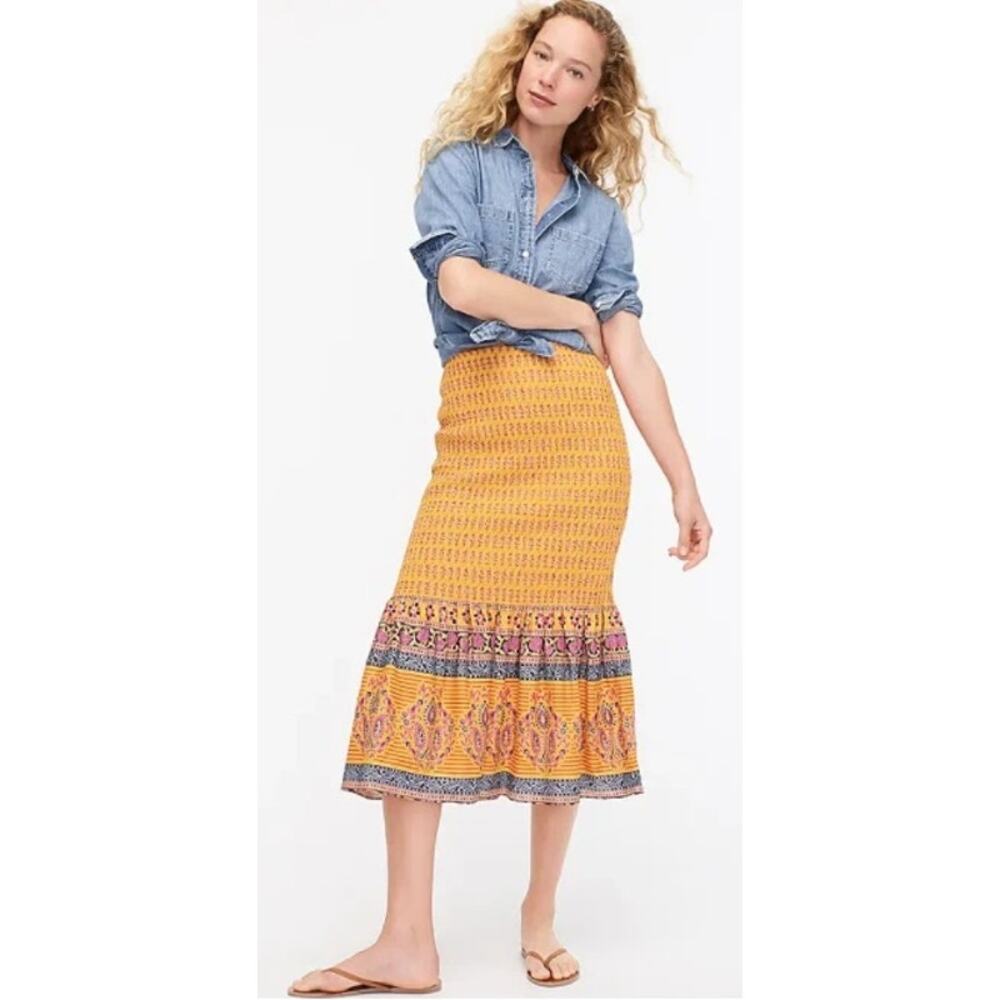 J Crew Smocked Ruffle Skirt in Yellow Sunny Block Print, Boho, Indie, Size‎ 0